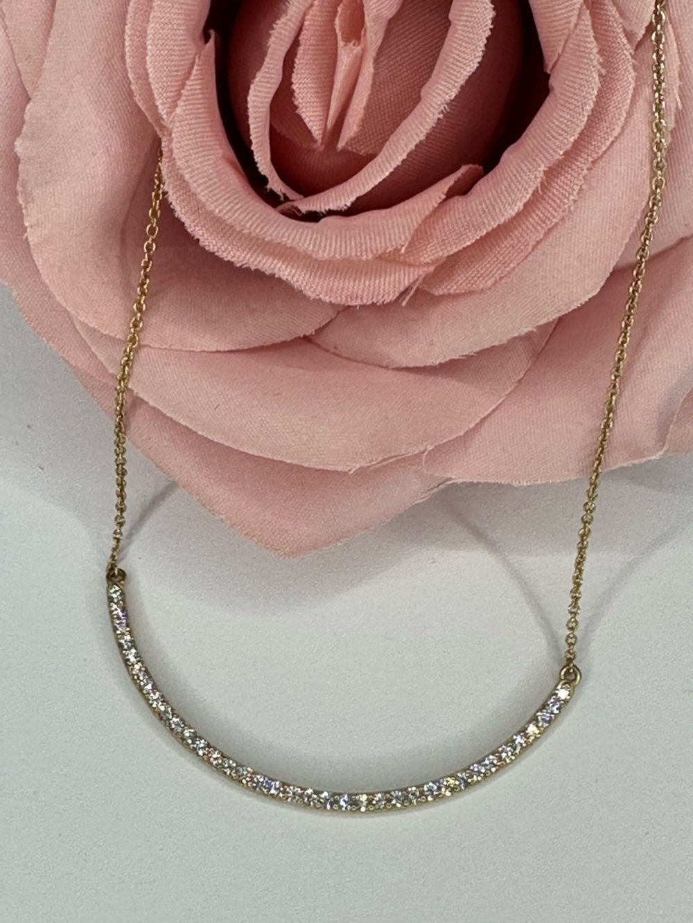 925 Gold Over Sterling CZ Curved Bar Necklace Adjustable